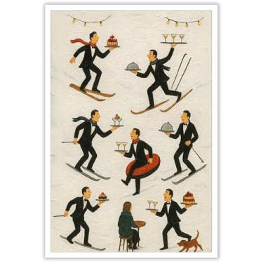 Imagem de Tiny People Servers In A Restaurant Poster Tiny Skiers Canvas Wall Art Vintage Inverno Estética Snowy Food Drinks Impressão Pintura Para Sala de Estar Quarto Cozinha Decoração de Parede 30,5 x 40,6 cm