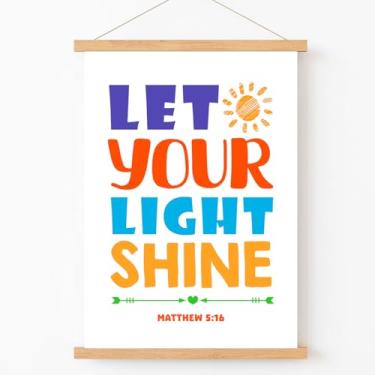 Imagem de Qswo Deixe sua luz brilhar decoração de parede, versículo bíblico infantil, moldura para pendurar em tela, decoração de parede para quarto de crianças, sala de aula cristã, berçário