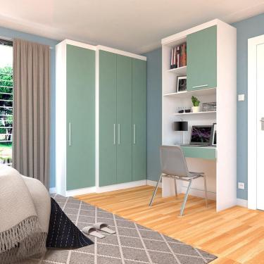 Imagem de Quarto Home Office Com Guarda Roupas E Bancada De Estudos Alpes Luciane Móveis Branco Pf Com Verde