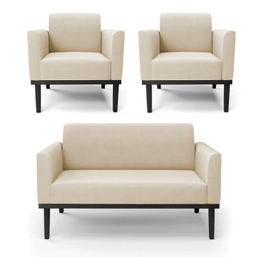 Imagem de Sofá Namoradeira Com 2 Poltronas Base De Madeira Fixa Preto Marisa Suede D03 - D'Rossi Bege