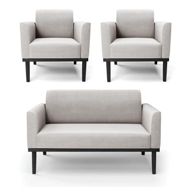 Imagem de Sofá Namoradeira Com 2 Poltronas Base De Madeira Fixa Preto Marisa Veludo Cinza D03 - D'Rossi