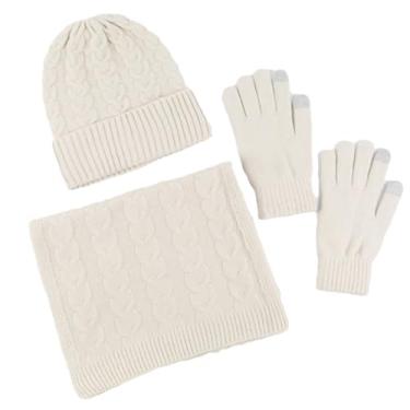Imagem de Conjunto de 3 peças para mulheres e homens, gorro de inverno, chapéu, luvas, lenços, gorros, gorros, forro de lã, espesso, pescoço, cachecóis de caxemira, bege, tamanho único
