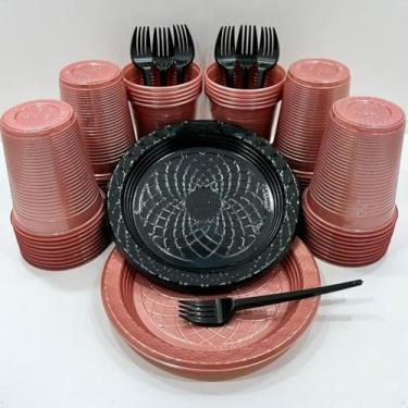 Imagem de Kit 300 Itens Festa Aniversário Descartáveis Plástico Colorido Perolado 100 Pessoas Completo Pratinho Garfinhos Copos (Rose Perolado Preto)