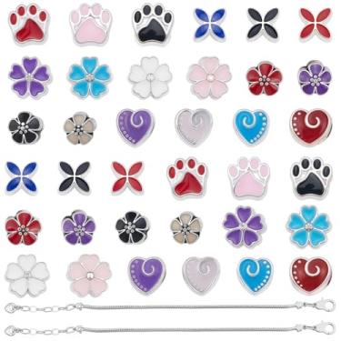 Imagem de SOFPLATE Kit de pulseira de corrente de cobra, 52 peças, contas europeias, elos de corrente de prata a granel com fecho de lagosta, coração, espaçador, extensor, elos, extensores ajustáveis para fazer