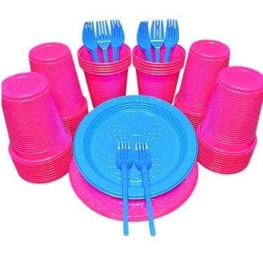 Imagem de Kit 300 Itens Festa Aniversário Descartáveis Plástico Colorido Perolado 100 Pessoas Completo Pratinho Garfinhos Copos (Pink Azul)