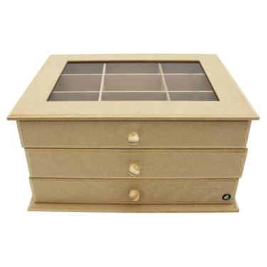 Imagem de Porta Joias Organizador 3 Gavetas com Vidro - Caixa Joias MDF Elegante para Presente e Organização de Bijuterias