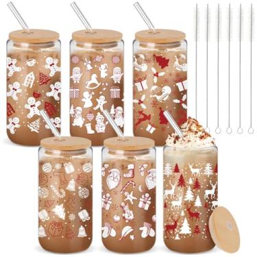 Imagem de Yetene 6 peças de copos de vidro de Natal 473 ml xícara de café de inverno com tampa e canudo Papai Noel floco de neve canecas de Natal presente de Natal para mulheres mães (padrão de Natal vermelho e