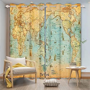 Imagem de ZJRBJB Cortinas de mapa-múndi vintage mapa do velho mundo ilhós design nostálgico arte blackout cortinas de janela impressão 3D sala escurecimento cortina para quarto cozinha decoração sala de estar