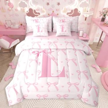 Imagem de jejeloiu Conjunto de edredom infantil fofo com laço rosa, tamanho casal, letra G, 7 peças, lindo laço de coquete, cama em uma bolsa, letra G, monograma para todas as estações