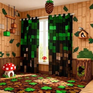 Imagem de Manfei Miners Pixel Checked Cortinas de janela para crianças, cortinas de janela quadriculadas de videogame, gamepad de desenho animado para quarto de bebê, decoração de sala de jogos, verde marrom, 2
