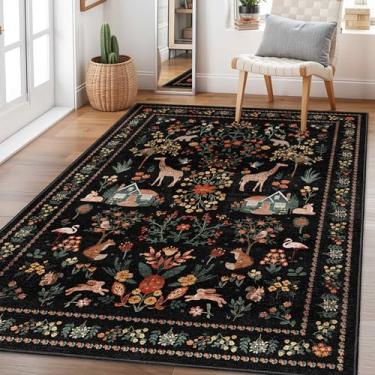 Imagem de ViViRug Tapete de área de animais floral boho lavável com design antiderrapante, tapete macio para quarto, cabeceira, cozinha, quarto infantil, dormitório universitário para meninas, preto
