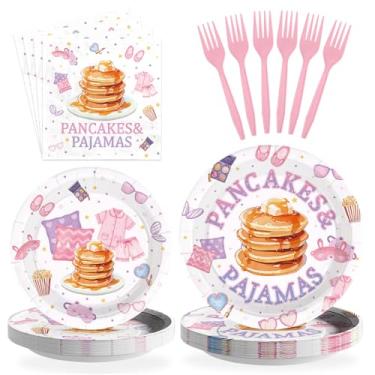 Imagem de Greencian 96 peças de panquecas e pijamas suprimentos de festa de pijama pratos e guardanapos para meninas rosa noite festa do pijama conjunto de utensílios de mesa para meninas noite panqueca tema