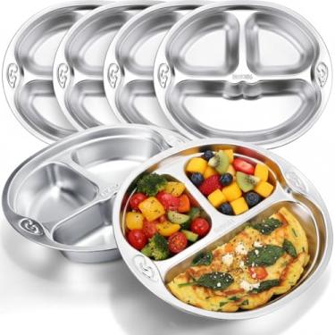 Imagem de Tioncy 6 peças de pratos infantis de aço inoxidável, 3 seções, pratos divididos, pratos de jantar inquebráveis, prato de aço inoxidável em forma de macaco fofo para bebês, crianças e almoços, controle