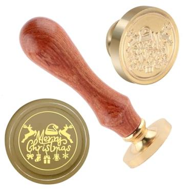 Imagem de Carimbo de lacre de cera de Natal Feliz Natal Carimbo de latão e uma alça de madeira carimbos cabeça para cartões de Natal, convites de festa, cartas, envelopes, cartões de felicitações, presentes