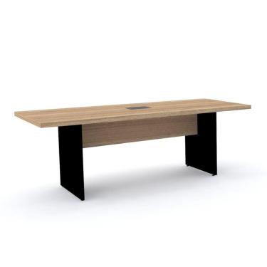 Imagem de Mesa De Reunião Com Caixa De Tomada 200 X 90 Cm Pé Painel Pe40 Em Mdp Noce Naturalle Base Preta