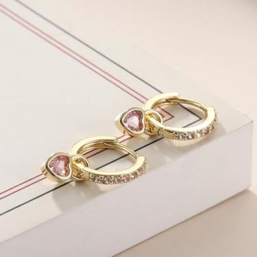 Imagem de Brincos de argola de coração banhados a ouro 14K para mulheres com zircônia cúbica, leves, pequenos e delicados brincos pendentes, standard, Cobre, Sem pedra preciosa