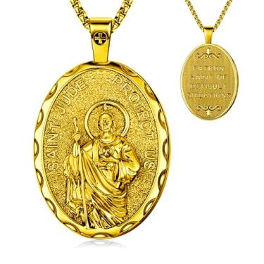 Imagem de OigvcoTe Pingente religioso de São Jude/São Cristóvão/São José/banhado a platina, colar de moedas grande, corrente de 19,69 + 5 cm, medalha de santo padroeiro católico, alto polimento., 19.69+2 Inches