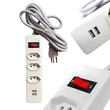 Imagem de Extensão Tomada Régua Elétrica 3 Tomadas, 2 entradas USB, Cabo de Alimentação de 3 metros, Suporte a Tensão de 110-220V Filtro de Linha Bivolt (Branco)
