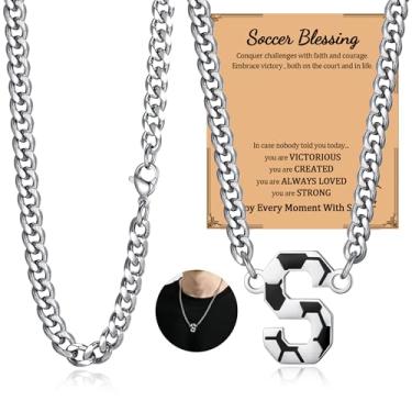 Imagem de NUKAYAI Colar de futebol com letra A a Z para homens, pingente de pingente de aço inoxidável, corrente de prata, acessórios de joias, material de 50,8 cm, colares personalizados, presentes de futebol