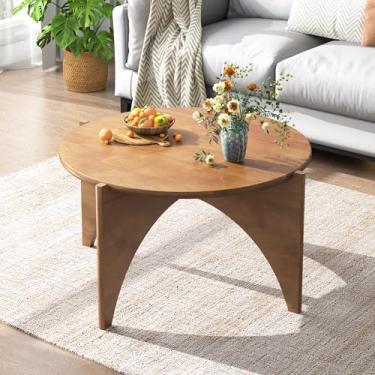 Imagem de WFSRESTD Mesa de centro redonda, de madeira maciça, moderna de meados do século, mesas de chá modernas para sala de estar, casa e escritório, 75 x 75 x 38 cm, cor nogueira