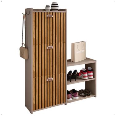 Imagem de Sapateira Vertical 3 Gavetas Banco Prateleira Sapatos Gancho Bolsa Hall Entrada Quarto Dakota - Fendi/Ripado - Rpm