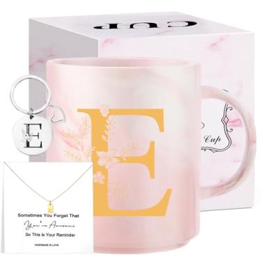 Imagem de Presentes de Natal com monograma para mulheres, caneca de chá de cerâmica inicial de 325 ml com colar, presente de aniversário exclusivo para sua esposa, professora, amiga, mãe, E