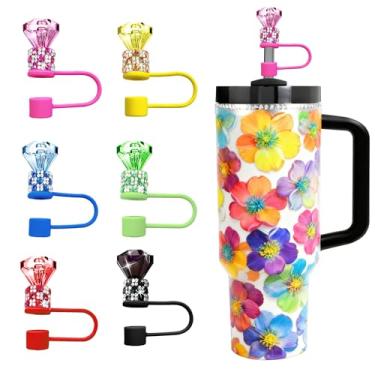 Imagem de JIASHEBDE Conjunto de topo de palha de diamante para Stanley Cup 850 g 1,134 g, tampas de strass brilhantes, capas de silicone reutilizáveis à prova de poeira para presentes femininos (6 peças cor A)