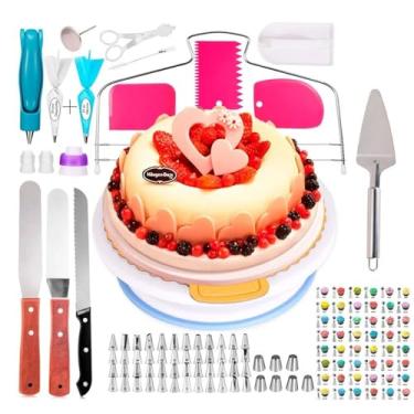 Imagem de Kit de Massa para Giratório Bolo Conjunto Decoração com 124 Peças Inclui Giratórios Sacos Bicos Cortador Seringa Pincel Espátula Gelo na Cozinha