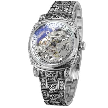Imagem de WENFVVIN Relógio de pulso masculino automático de alta qualidade vintage esqueleto automático analógico quadrado com pulseira de aço inoxidável, Prata
