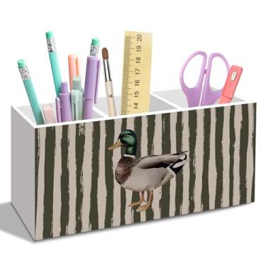 Imagem de nvucamd Porta-lápis de pato Mallard para mesa, acessórios de mesa de escritório, patos verde-oliva e modernos, fofos e modernos, porta-canetas de pato-real para berçário, sala de aula, banheiro