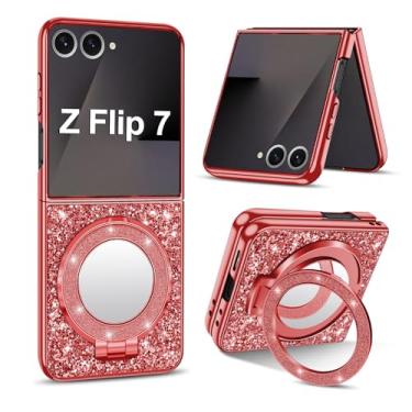 Imagem de Capa de silicone para Samsung Galaxy Z Flip 7 5G Capa traseira fosca brilhante brilhante com Mag-Safe, espelho de maquiagem, capa protetora à prova de choque para Samsung Z Flip 7 Capas para mulheres