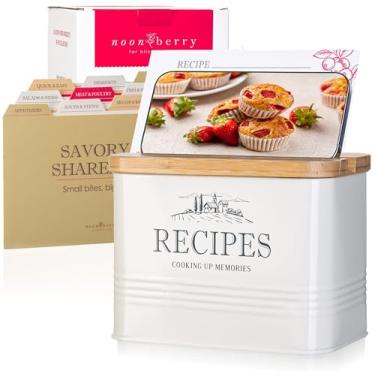 Imagem de noonberry Conjunto de caixa de cartão de receitas vintage 10 x 15 cm - Organizador de metal com tampa de madeira e compartimento para telefone - inclui 50 cartões de receita e 12 divisórias - Lata de