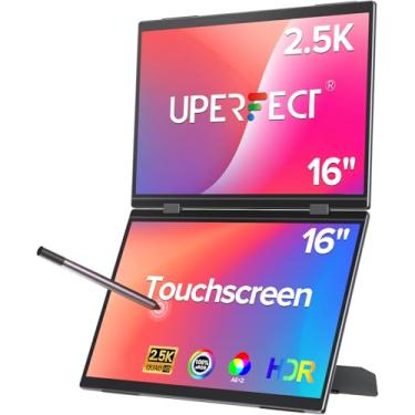 Imagem de UPERFECT Monitor portátil Delta Pro Touch, extensor de tela de laptop 2K de 16 polegadas, monitor duplo sensível ao toque com caneta, tela dupla vertical dobrável empilhada com suporte