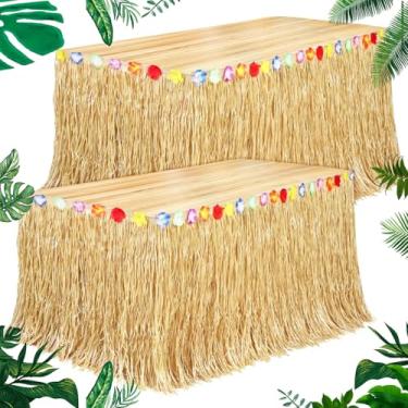 Imagem de Pacote com 2 saias de mesa de grama luau natural 2,5 m x 75 cm de comprimento para decorações tropicais de festa havaiana, fantasia de luau, amarelo palha