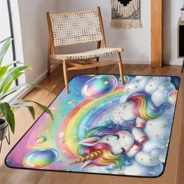 Imagem de Tapete de área para sala de estar, lavável à máquina, adorável unicórnio, arco-íris, tapete antiderrapante, tapete macio para sala de estar, quarto, sala de jantar, berçário, cozinha, decoração de