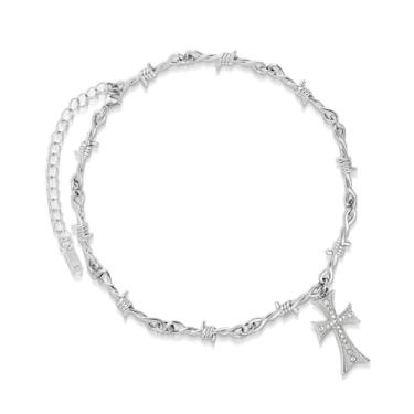 Imagem de LuxGoth Colar de aço inoxidável, cruz, arame farpado, espinhos, gótico, punk rock, emoção, motociclista, cosplay, vintage, amuleto, joias, para homens e mulheres, prata GTS-N1D60105
