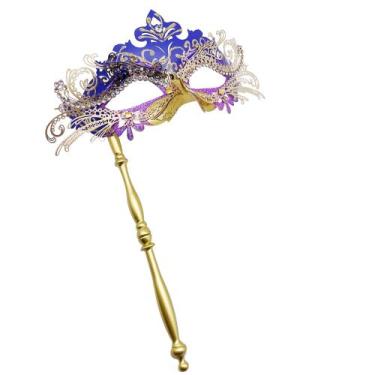 Imagem de Máscara de mascarada veneziana Geek-M com bastão, dourada, roxa