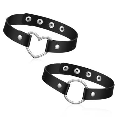 Imagem de Quilax 2 gargantilhas de coração para mulheres, colar punk de couro PU preto, gargantilha gótica ajustável para mulheres, acessórios góticos