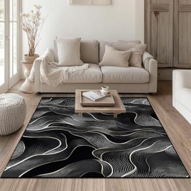 Imagem de Mecowcm Tapete de área de 10 x 15 cm preto e branco moderno para sala de estar, interior, lavável à máquina, tapetes abstratos, para quarto, sala de jantar, tapete grande, antiderrapante
