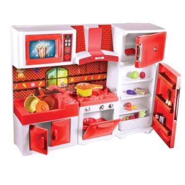 Imagem de Cozinha de Brinquedo com Geladeira, Fogão, Micro-ondas Interativo, Armários, Vermelha com Branco, Plástico, 64x18x83cm, a partir de 3 Anos