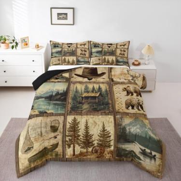 Imagem de Feelyou Conjunto de edredom rústica, tamanho Queen, com urso, caça, animais selvagens, patchwork, estilo nórdico, chalé, colcha de fazenda, decoração de quarto, 3 peças com 2 fronhas