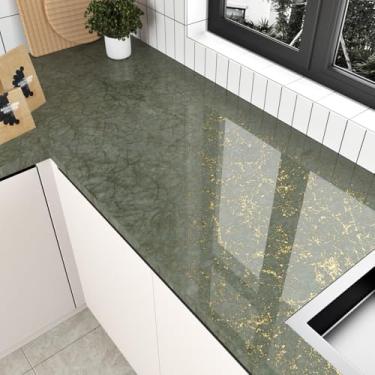 Imagem de Wallderful Papel de parede de mármore cinza gradiente dourado verde cinza bancada de cozinha descascar e colar papel de contato de mármore brilhante para armários papel de parede autoadesivo para