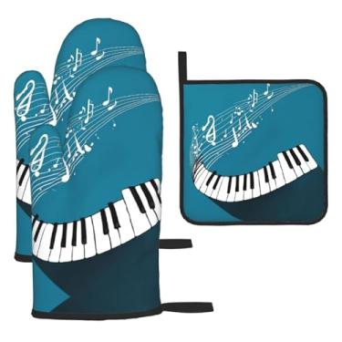 Imagem de Teclas de piano verdes e brancas – Conjunto de cozinha essencial com 3 peças, luvas resistentes ao calor e aderência da tampa, proteção para churrasco no forno, design de armazenamento suspenso.