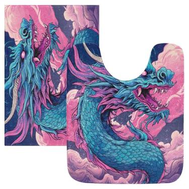Imagem de Burbuja Conjunto de tapetes de banheiro dragão rosa e roxo, tapete de banho absorvente de pelúcia macia, base de vaso sanitário antiderrapante para banheiro