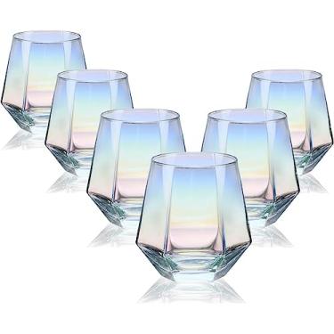 Imagem de Conjunto de 6 Copos Vinho Sem Caule para Tinto e Branco Vidros em Forma Diamante Whiskey Cocktail Aniversário Casamento