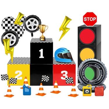 Imagem de Soulchen 28 Pcs Large Racing Party Decoration Set Racing Podium Traffic Light Paper Box Checkered Flags Wheel Balloons Traffic Warning Signs Race Car Party Cardboard Car Birthday Photo Prop