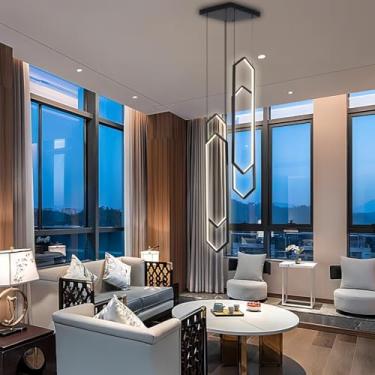 Imagem de Lustre moderno para sala de estar, em alumínio, com 6 anéis de LED, preto, grande, moderno, para escadas, dimerizável, para tetos altos, com controle remoto, adequado para iluminação de ilha