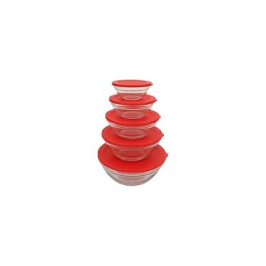 Imagem de Conjunto de 5 Potes Redondos de Vidro com Tampa Vermelha, Capacidades 135ml a 1000ml, Empilháveis, Próprio para Micro-ondas e Freezer