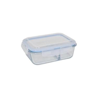 Imagem de Pote Hermético Retangular com Divisória, Vidro Borossilicato, 1520ml, Transparente com Tampa Azul, para Alimentos, 22x17x8cm
