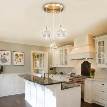 Imagem de Lustre moderno de cristal com pendente, redondo, dourado, 3 lâmpadas, cabo ajustável, design em forma de gota, dimerizável, ideal para sala de jantar, ilha de cozinha, escada, hall de entrad